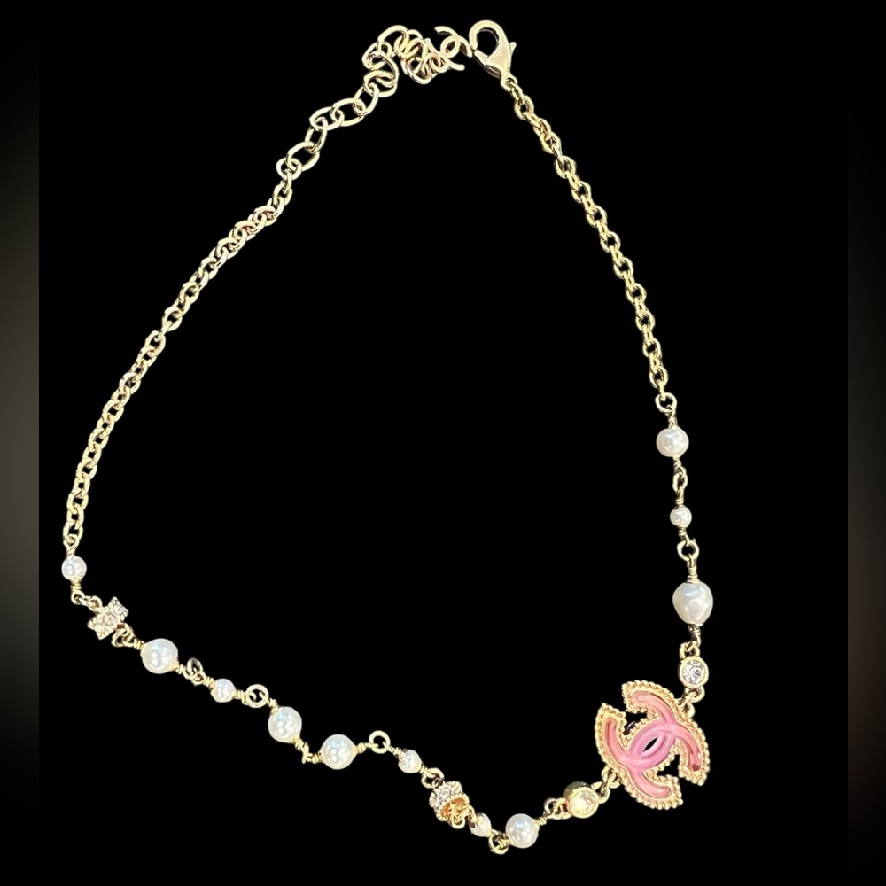 CHANEL Gold Chain Necklace with Pink Enamel CC Strass and Pearl Accents - Picture 4 of 9